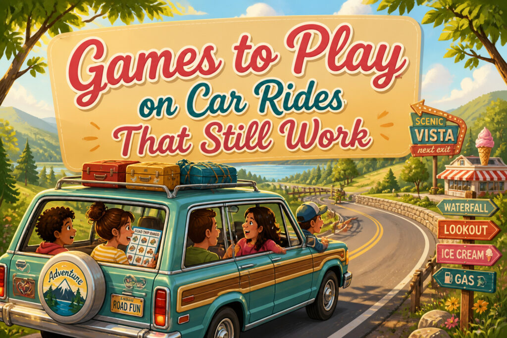 Family members playing I Spy in a bright car cabin.