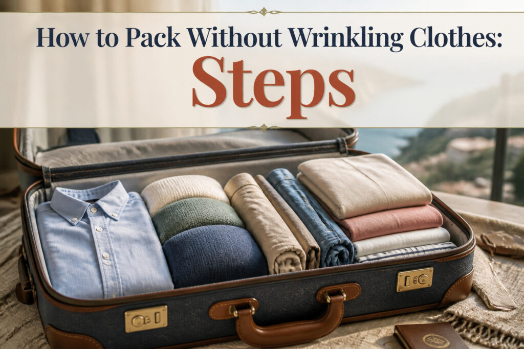 A cluttered suitcase on a hotel bed filled with wrinkled clothes.