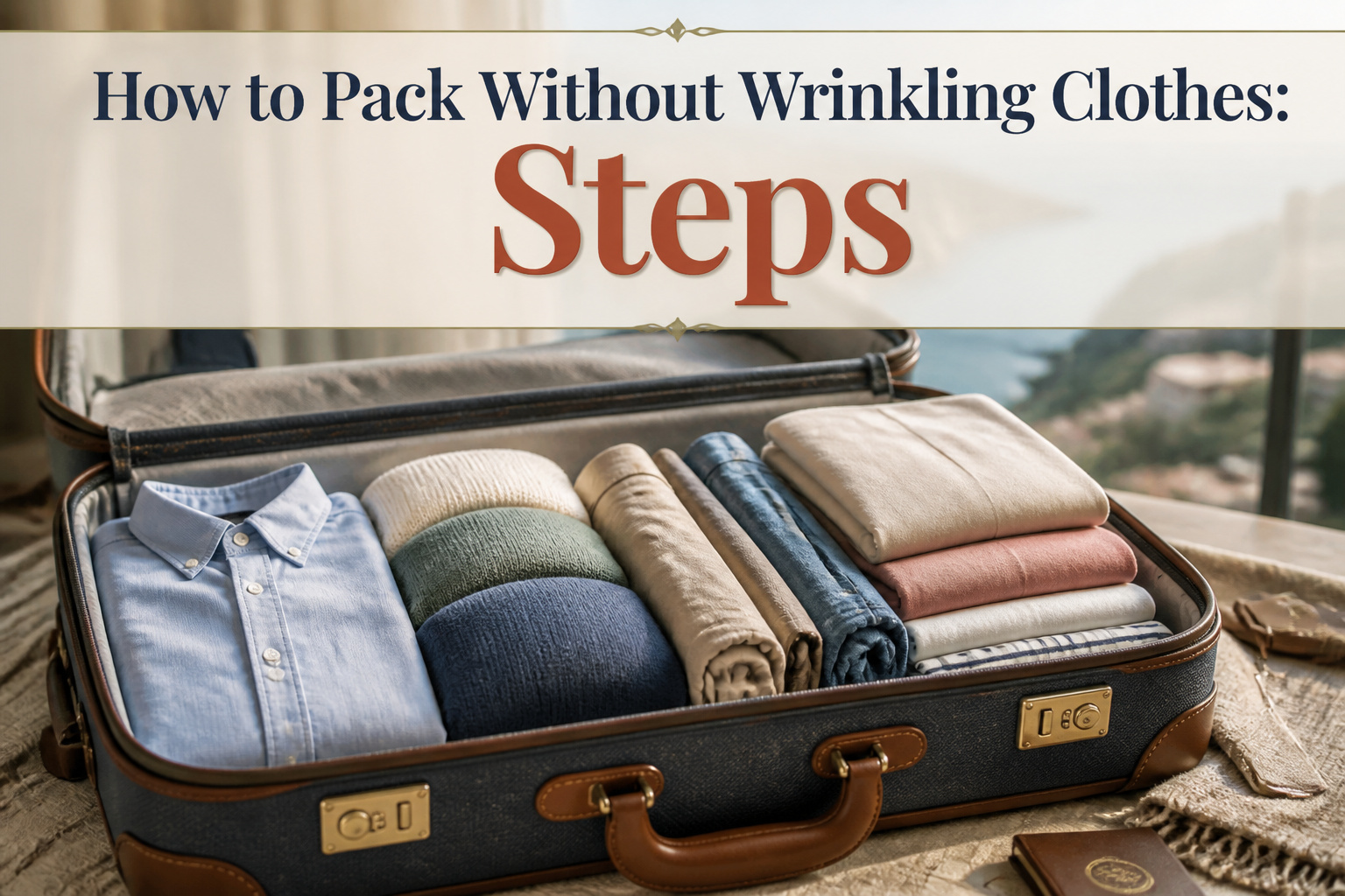 A cluttered suitcase on a hotel bed filled with wrinkled clothes.