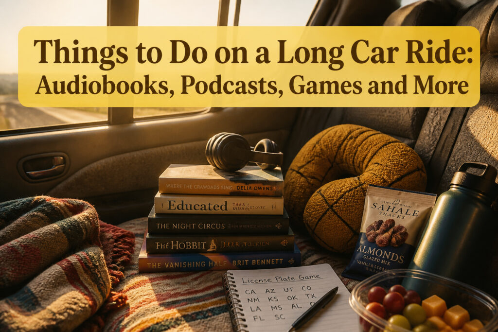 A family car interior with snacks and devices for entertainment.