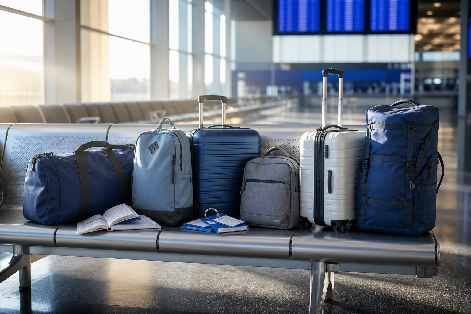 A bustling airport terminal with sunlight streaming through large windows