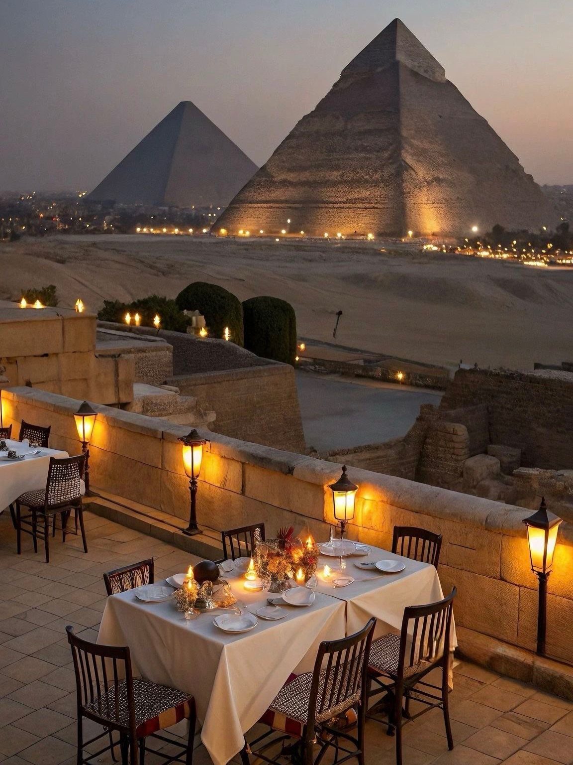 Dinner table on a terrace overlooking the illuminated Pyramids of Giza at dusk.