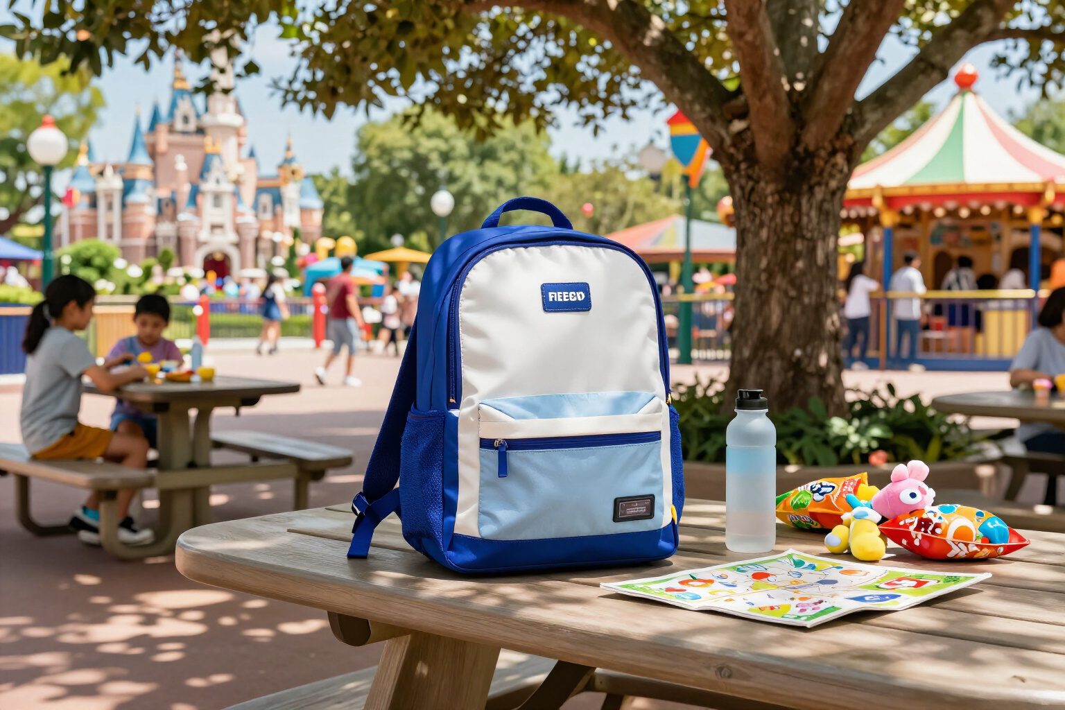 Brightly colored backpack on a picnic table under a large tree