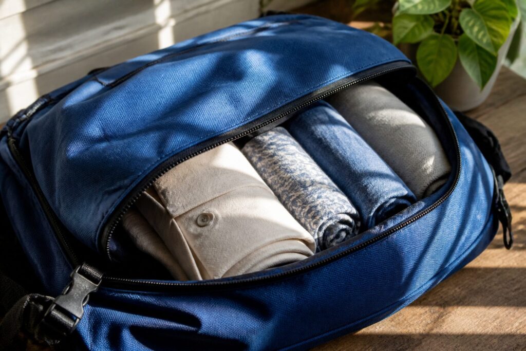 A suitcase filled with neatly rolled clothes organized for packing.