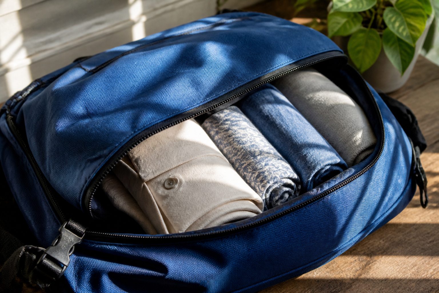 A suitcase filled with neatly rolled clothes organized for packing.