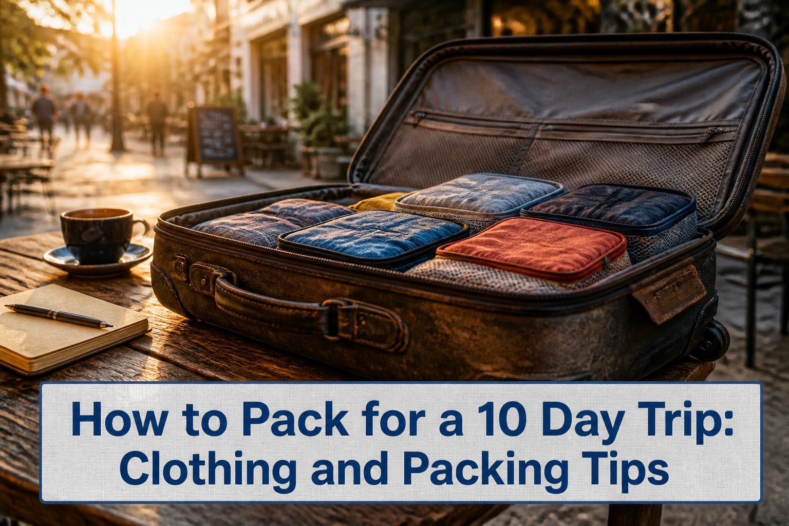 A suitcase packed with clothing, toiletries, and travel accessories.
