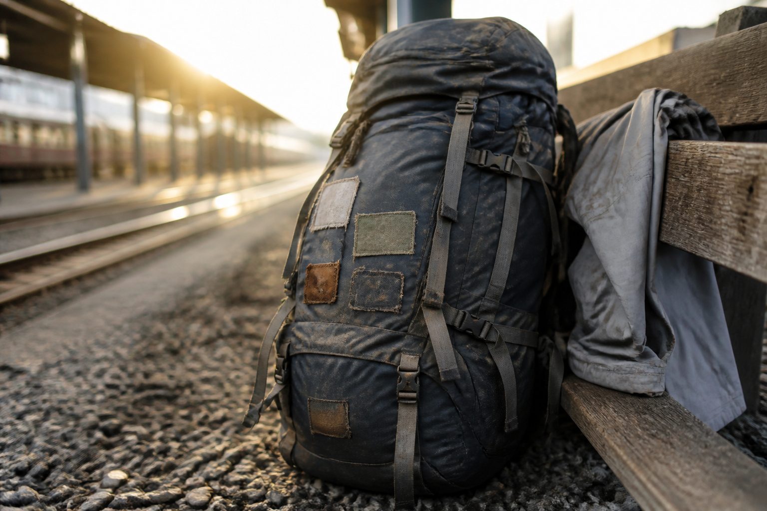 A person traveling with a backpack, surrounded by various travel gear.