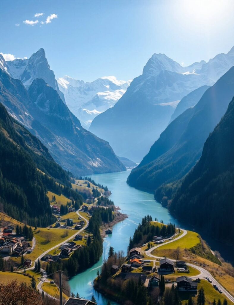 Turquoise river winding through a mountain valley with snow-capped peaks and a village.