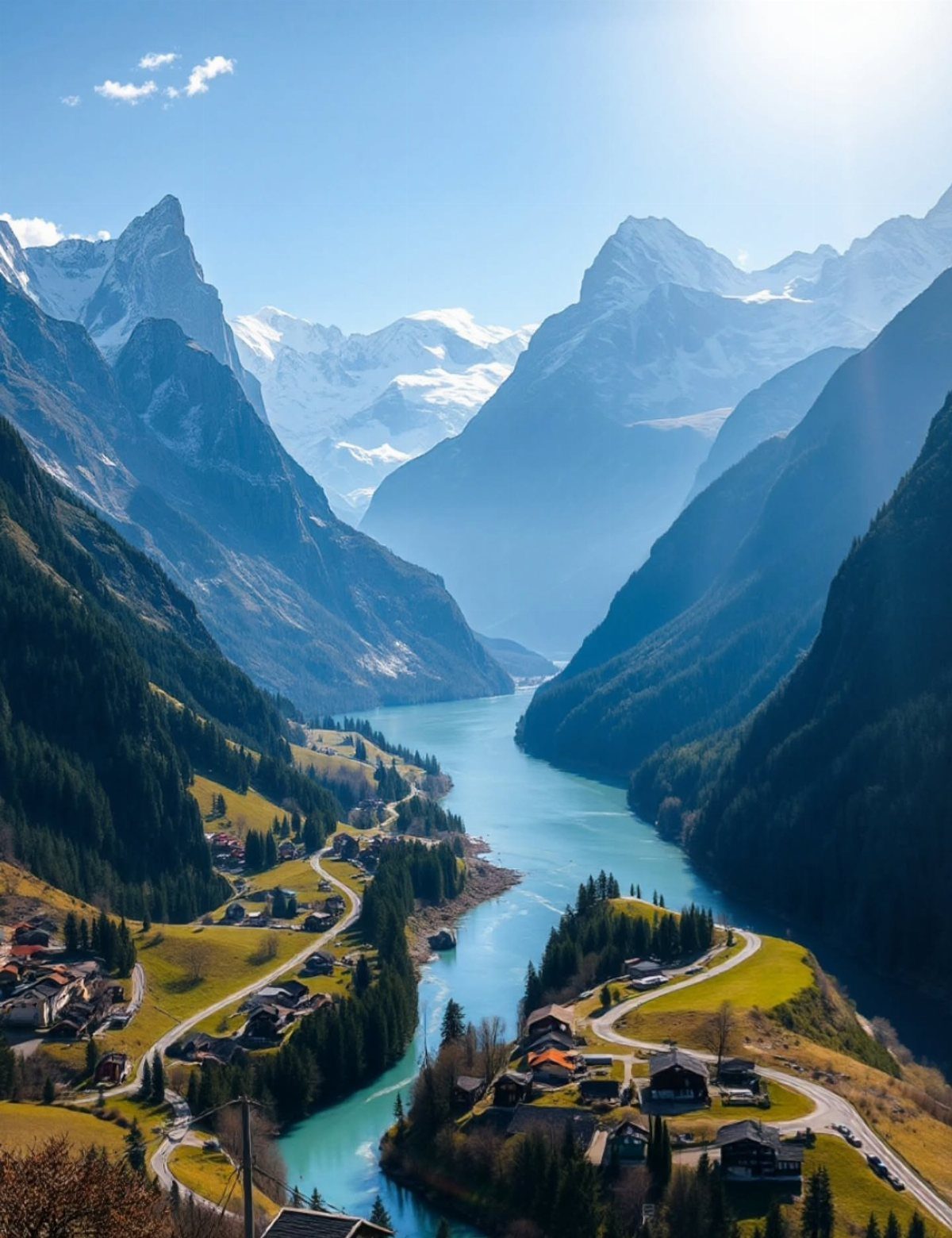 Turquoise river winding through a mountain valley with snow-capped peaks and a village.