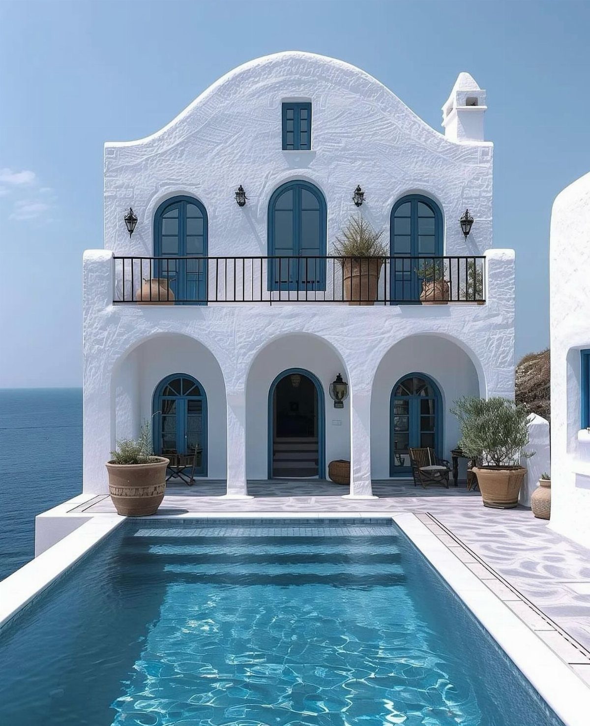 White stucco building with blue accents and a swimming pool overlooking the ocean.