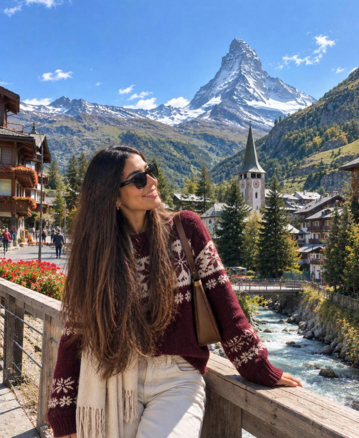 Woman in a maroon sweater posing before the Matterhorn mountain in Zermatt, Switzerland.