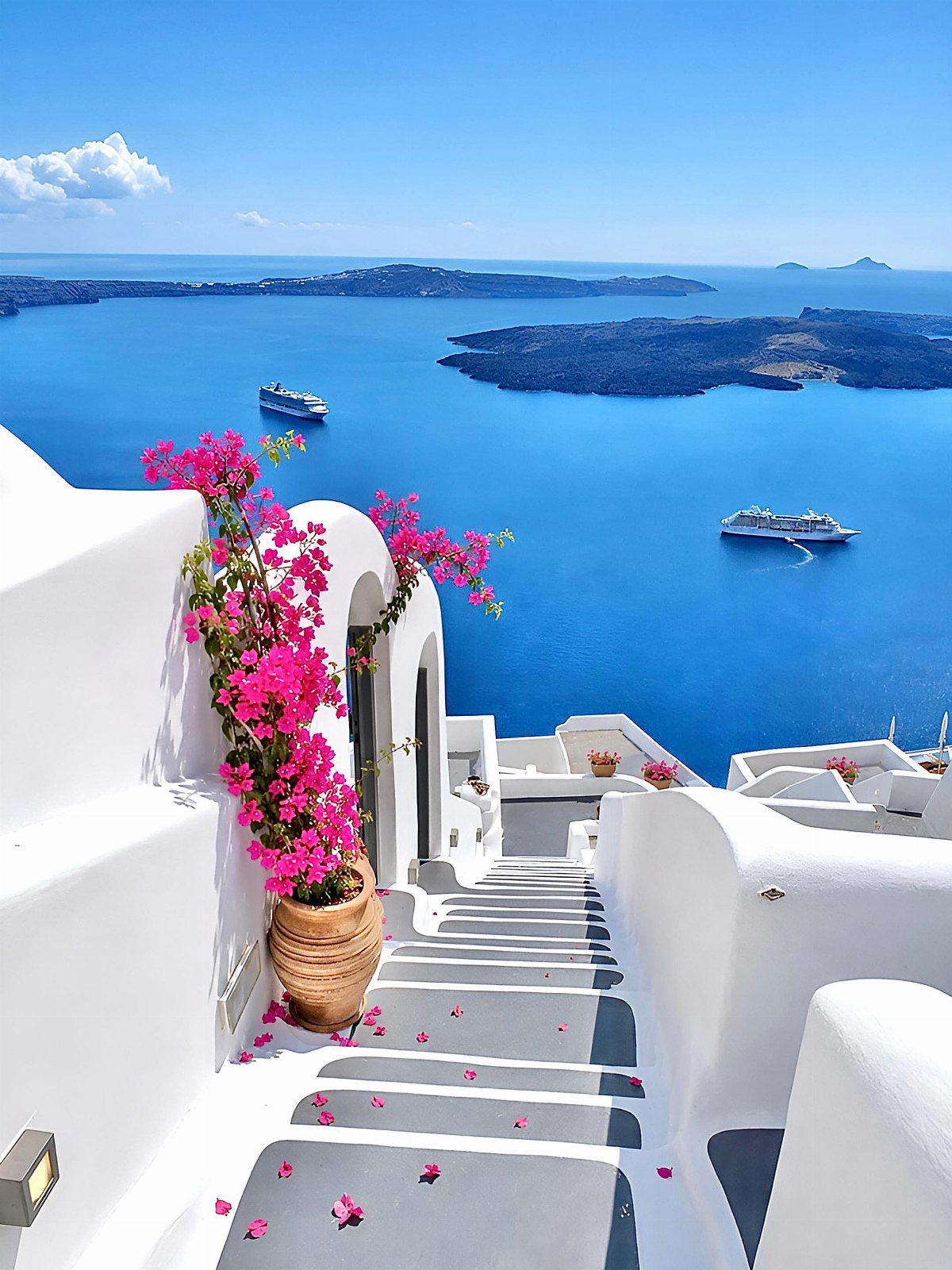 White buildings and pink flowers overlooking the blue sea and islands in Greece.