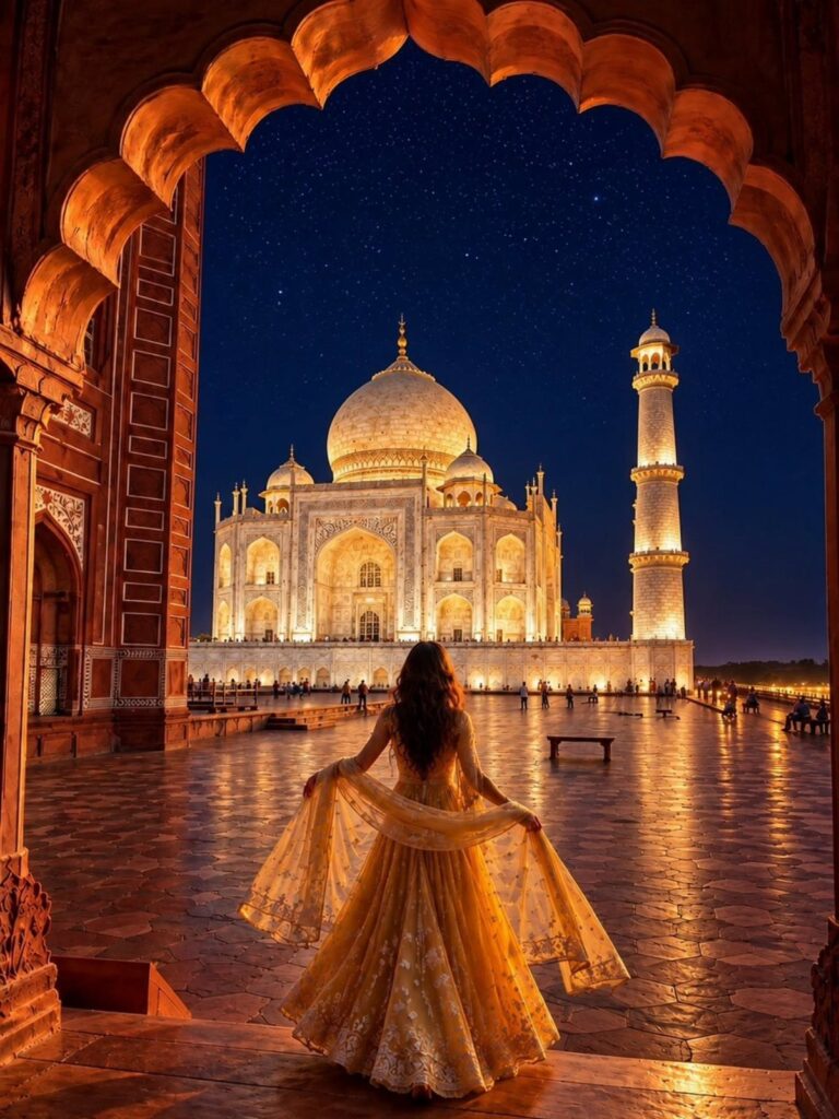 Woman in gold dress viewing the illuminated Taj Mahal through a sandstone archway.