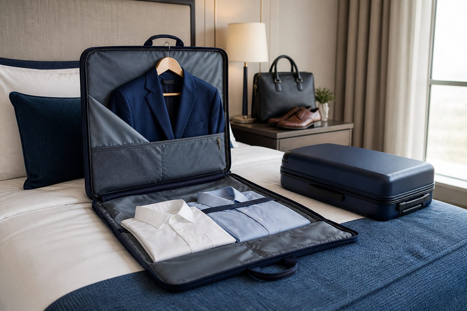 A sleek travel bag open on a plush hotel bed with a suit inside.
