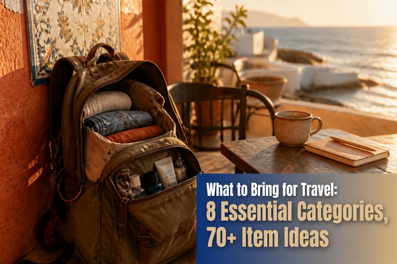 Various travel items including clothing, toiletries, and electronics displayed together.