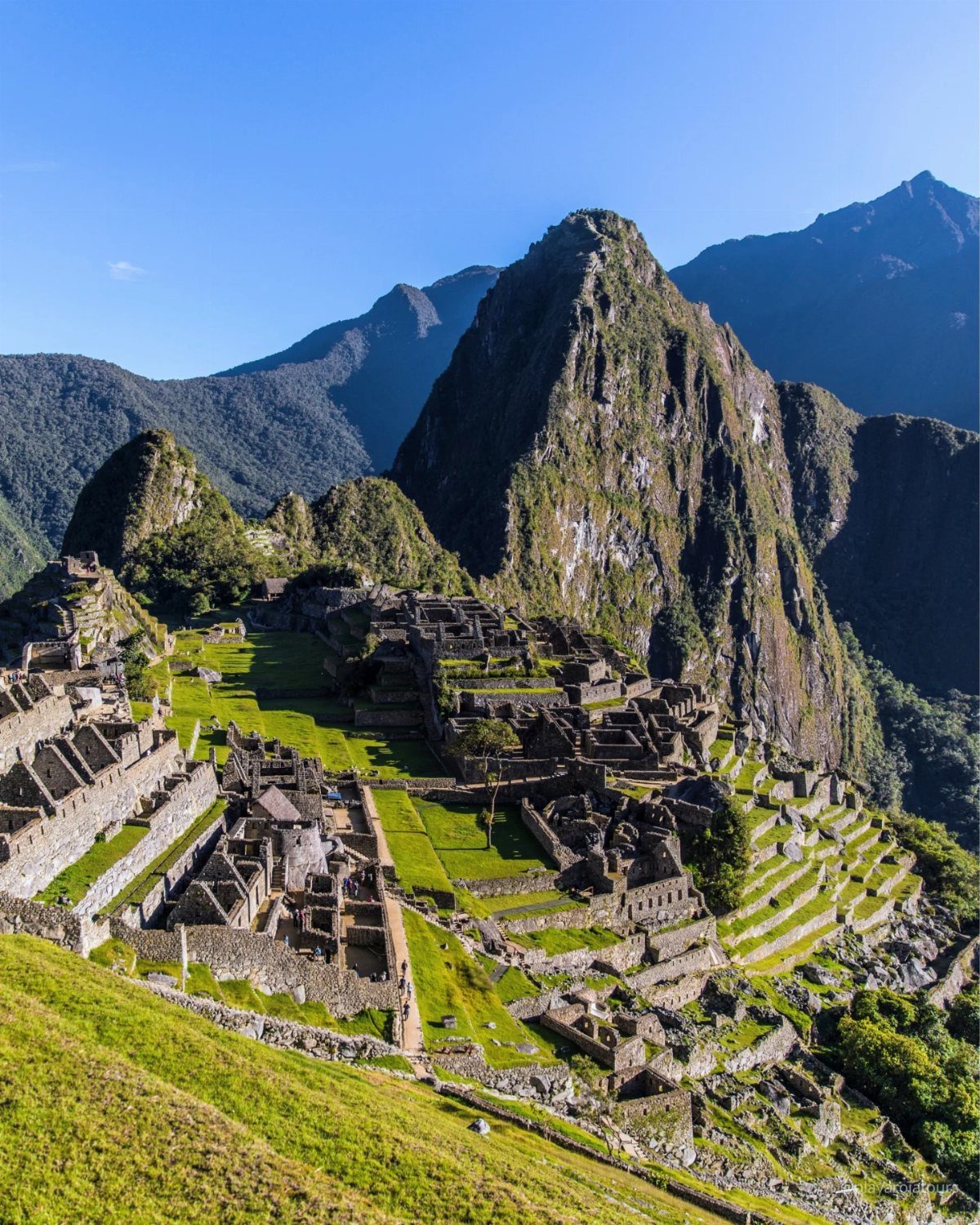 Ancient stone ruins of Machu Picchu nestled among steep green mountains and peaks.